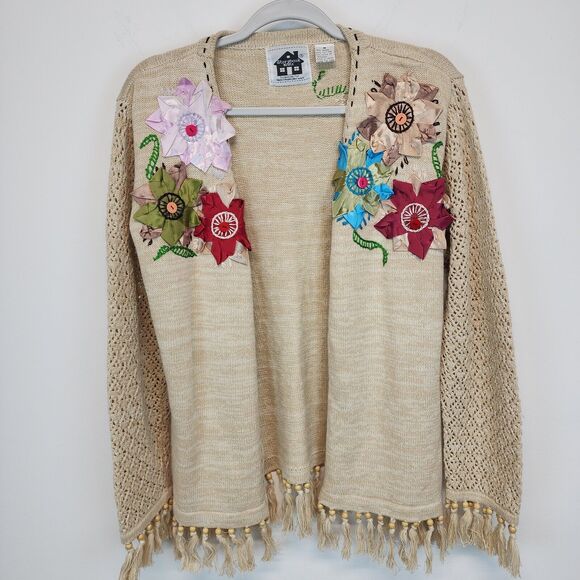 Storybook Knits Cardigan Sweater Size M Beige Crochet Fringe Granny Vintage - Picture 14 of 15
